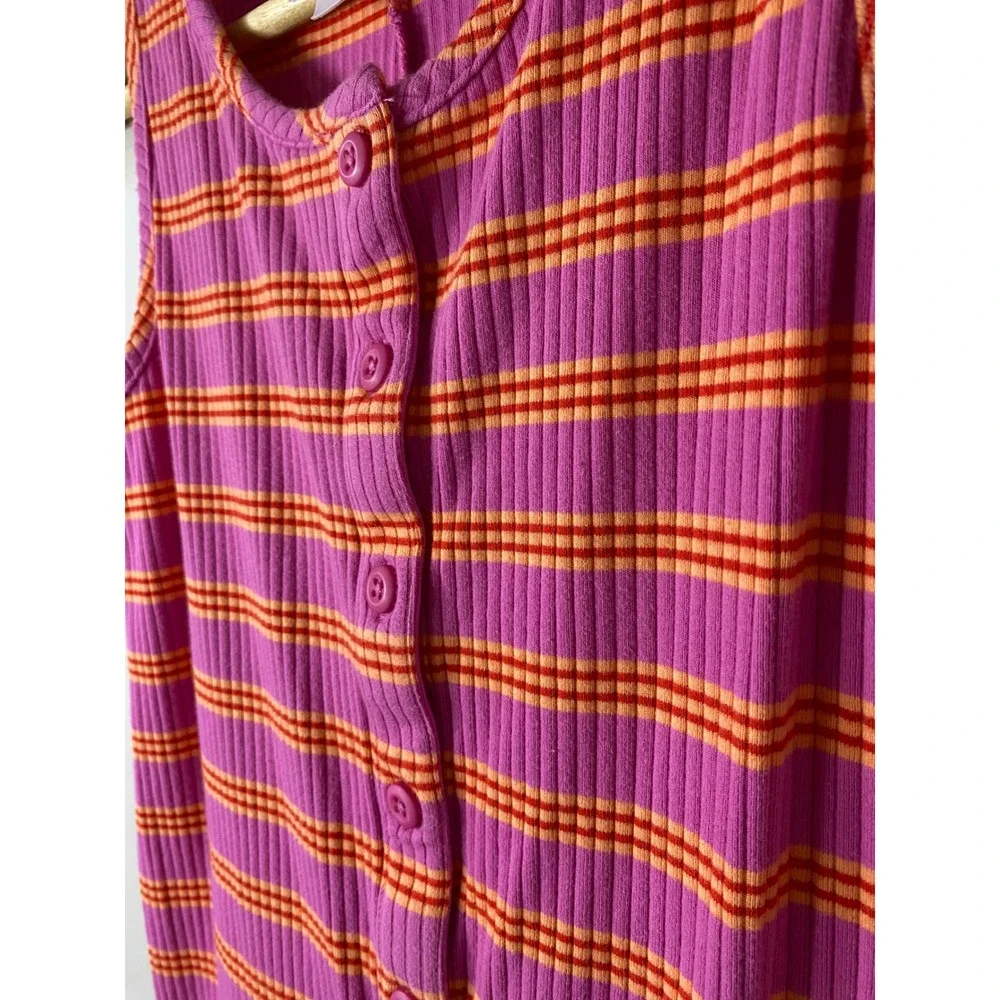Hanna Andersson Girls Ribbed Striped Romper Jumpsuit Pink Orange Button Up Sz 12